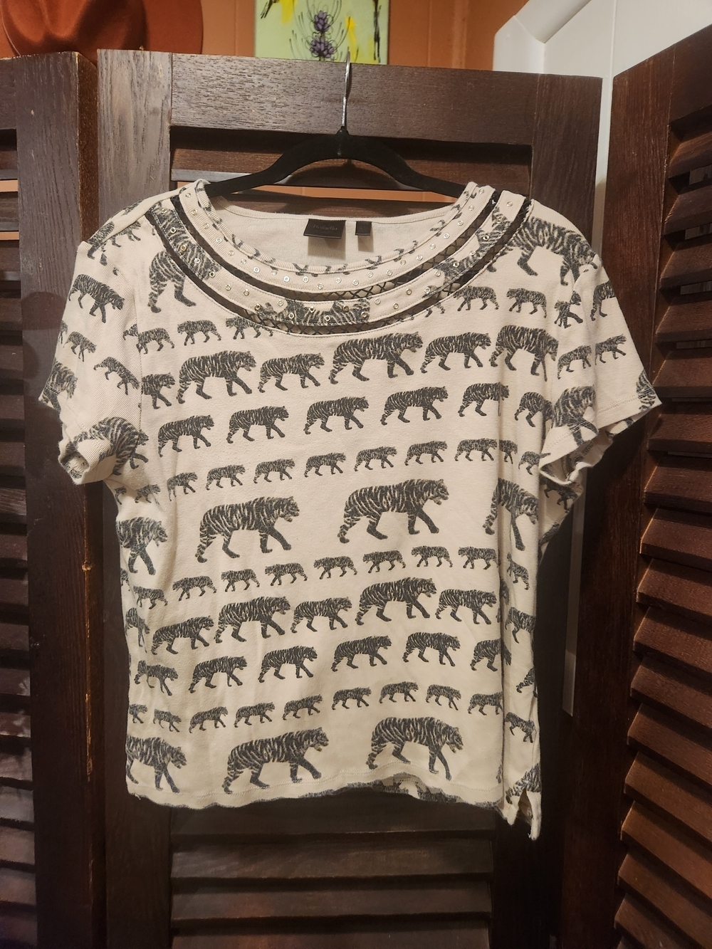 Vintage Rafaella Cream and Black Tiger Print Short Sleeve Blouse